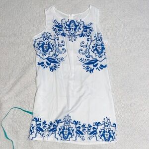 White Sleeveless Dress with Blue Floral Medallions